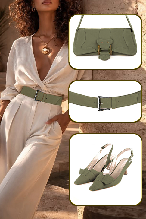Women's khaki green elegant slingback heels, with a bow on the front. Tapered toe. Medium spool heels - Top view